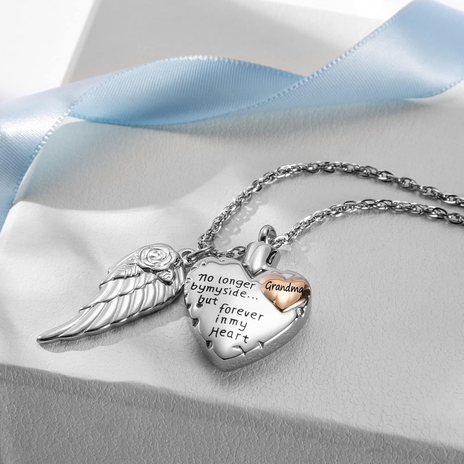 Heart Pendant Necklace, Cremation Necklace for Ashes for Women/Men, Urn Necklace for Ashes Angel Wing Jewelry Memorial Pendant- No Longer by My Side but Forever in My Heart- Pendant for Grandma